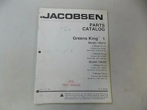 1996 JACOBSEN GREENS KING V 1862G & 1962D PARTS MANUAL 62246 & 62267 46 PAGES