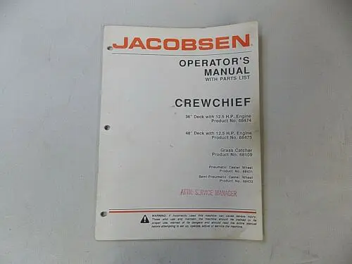 1988 JACOBSEN CREWCHIEF ROTARY MOWER OPERATOR’S & PARTS MANUAL 36″ & 48″ DECK
